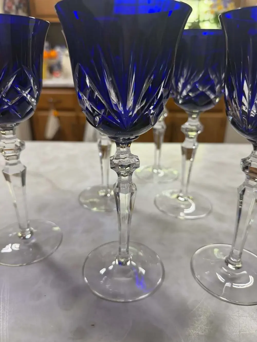 Vintage Gorham Crystal Cherrywood Cobalt Blue Cut-to-Clear Hock Wine Glasses Set